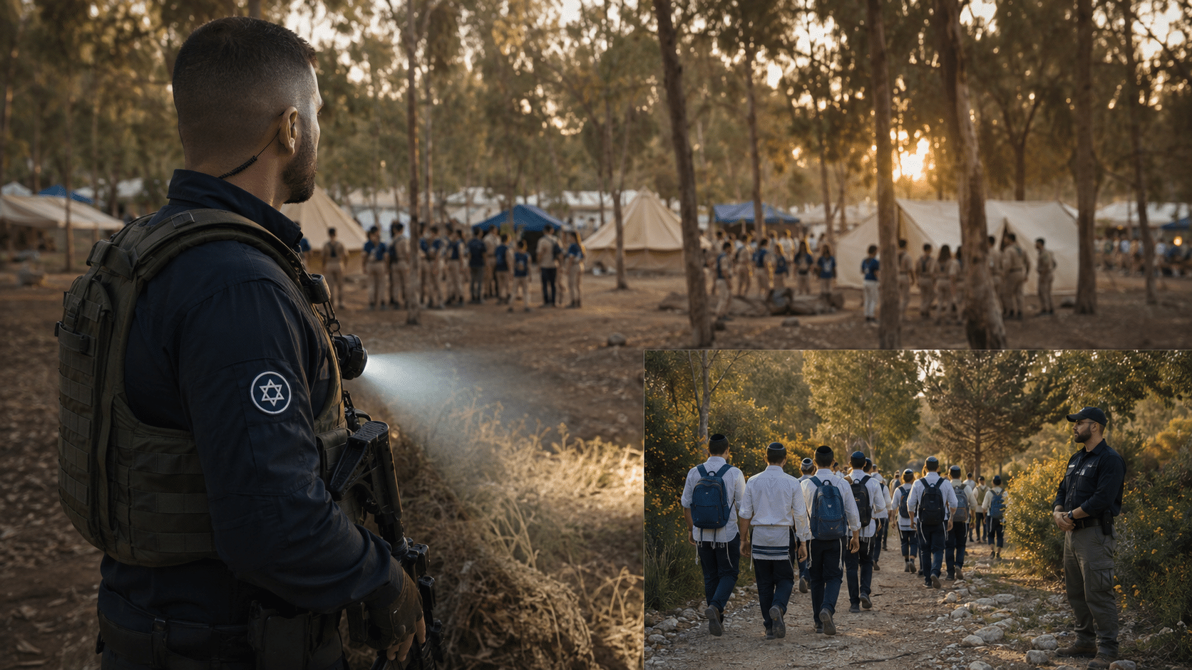 מאבטח מלווה קבוצת חניכים של תנועת נוער בשטח פתוח